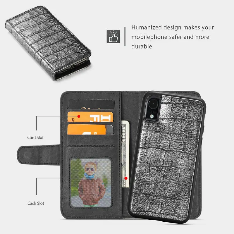 Wallet Case For iPhone XR Crocodile Pattern Luxury Credit Card 2 in 1 Stand Leather Phone Bag TPU PC Cases | Мобильные телефоны и
