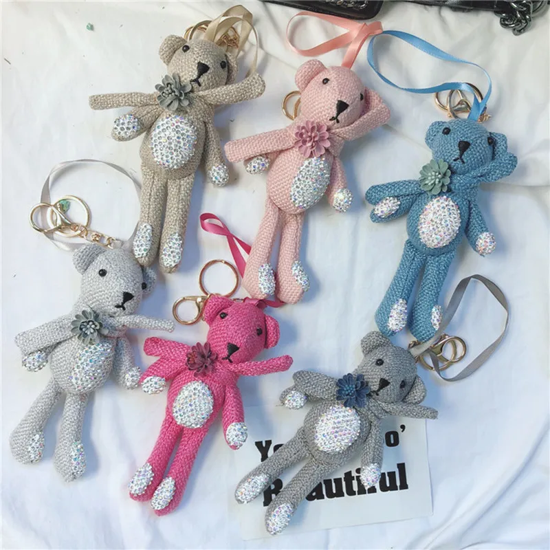 

2019 New Cute Teddy Bear Keychain Linen Cloth Doll Keys Pendant Encrusted Long Feet Bear Woman Bag Hanging Gift 17CM