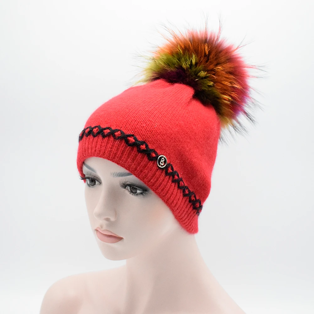New Genuine Raccoon Fur Pompoms Women s Winter Hats Girls Knitted Wool Rabbit Braid Caps Female
