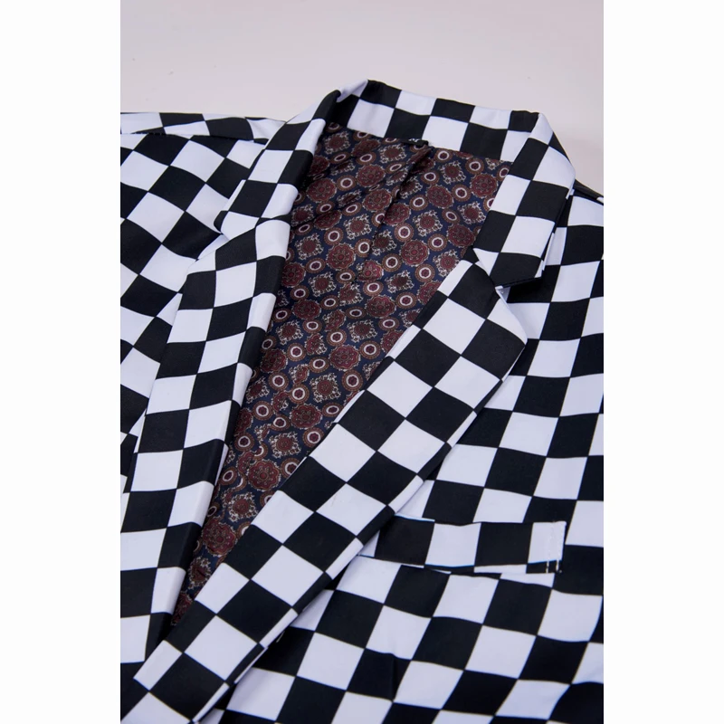 SHENRUN Fashion Suit Men Black White Plaid Print 2 Pieces Set Latest Coat Pant Designs Wedding Stage Singer Slim Fit Costume