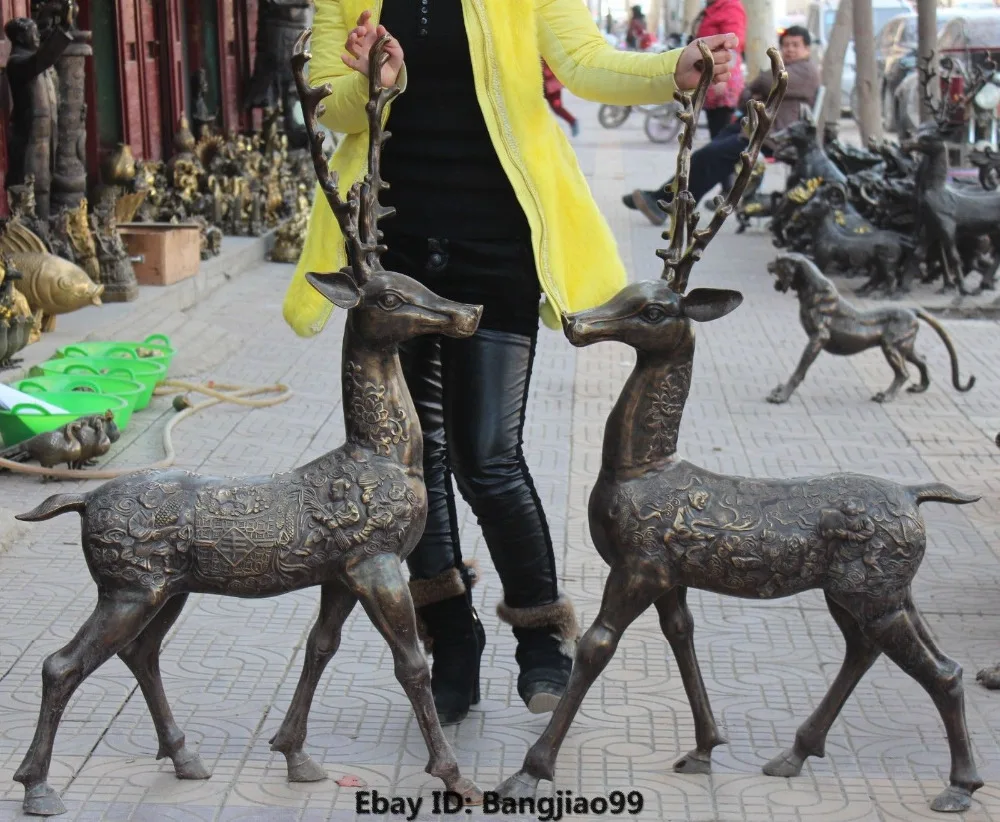 

48" Chinese Copper Wealth Animal Sika deer Cervus ni*ppon Boy Girl Statue Pair Garden Decoration 100% real Brass Bronze