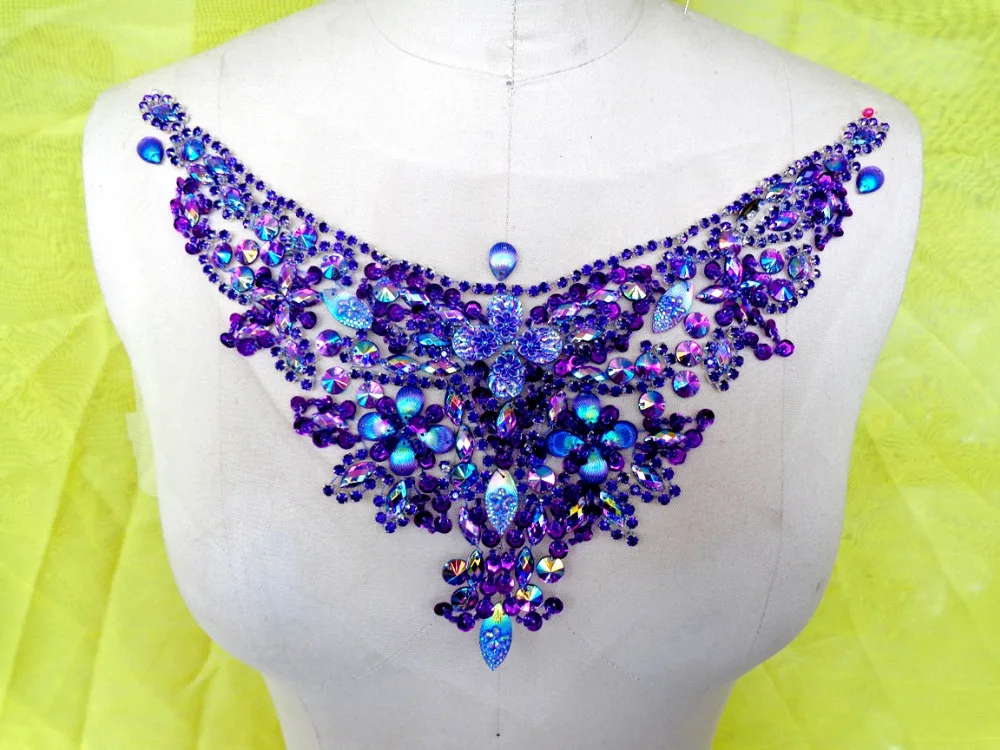 Handmade crystal patches purple sew on Rhinestones applique with stones sequins beads 32*13cm for top dress | Дом и сад