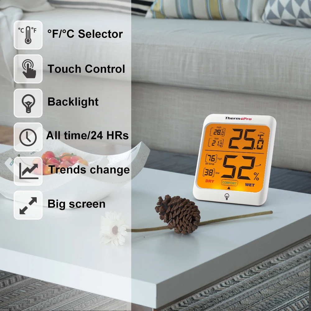 ThermoPro TP55 Digital Hygrometer Indoor Thermometer Humidity Gauge with  Large Touchscreen and Backlight Temperature Humidity Monitor