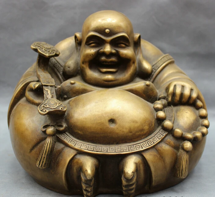 

S5309 10" Folk Chinese Bronze Buddhism Wealth RuYi Happy Maitreya Buddha Set Statue D0318