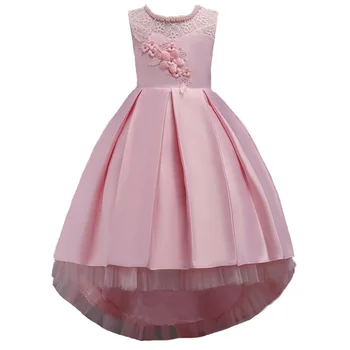 

3-15Y Girls Sequin Embroidery Flower Lace Elegant Wedding Trailing Dress Teenager Children Clothing Kids Princess Party Dress