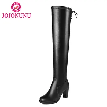 

FITWEE Women Natural Real Leather Over The Knee Boots Winter Boots Sexy Square Heel Zipper Women Boots Shoes Plus Size 31-45