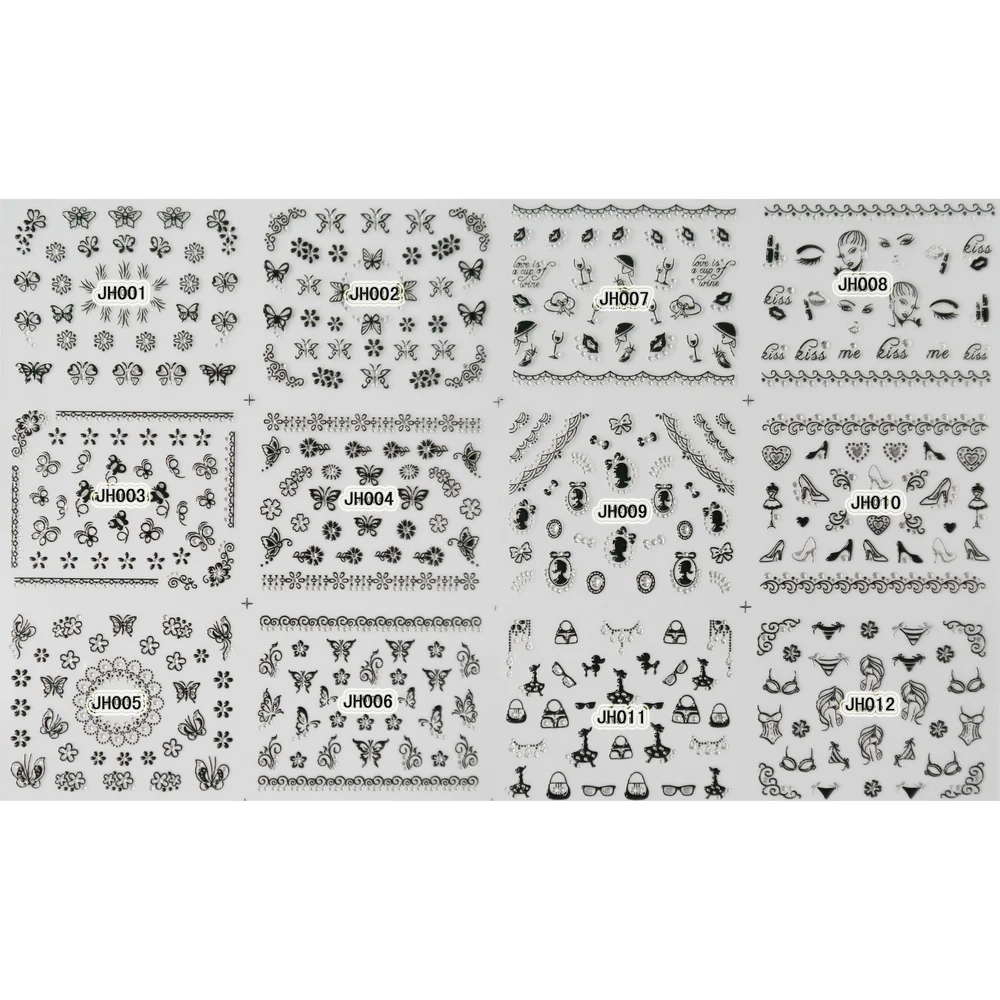 

UPRETTEGO 12 PACKS / LOT 3D SELF ADHESIVE GOLDEN SILVER CHRISTAL SPOT NAIL ART STICKER FLOWER BUTTERFLY POODLE JH001-012
