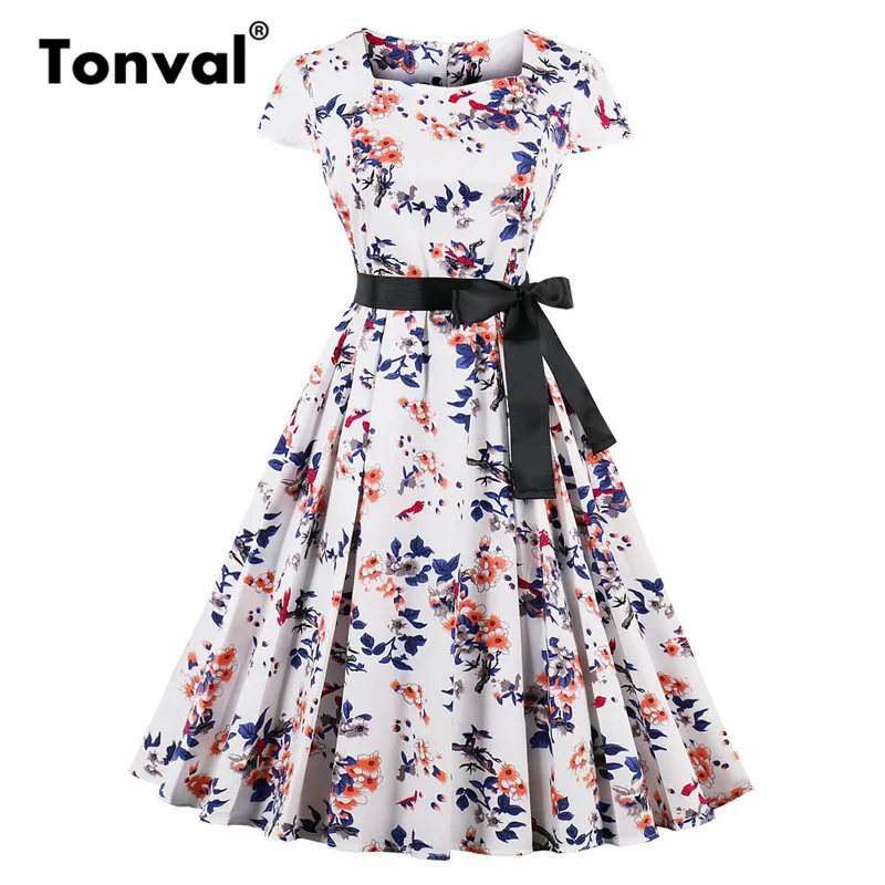 

Tonval Little Flower Womens Square Collar Elegant Vintage Dress Women Cap Sleeve Summer Dress Floral Print Pleated Dress