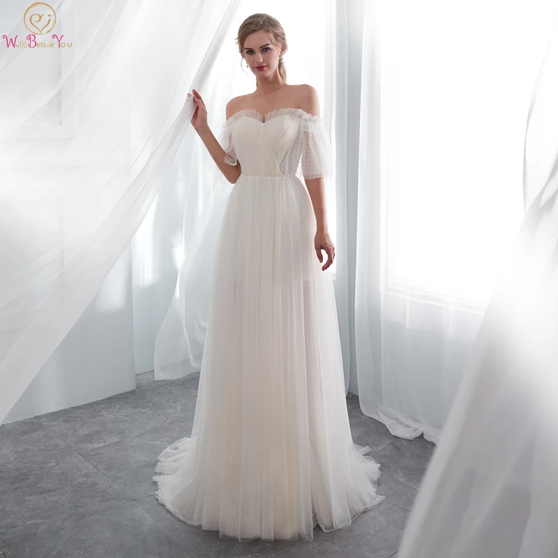 

White Evening Dress Soft Tulle Pleat Chest Short Sleeves Strapless A-line Sweetheart Neck Sweep Train Simple Formal Prom Gown