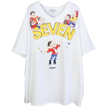 

V-neck Short Sleeve Summer Women Tshirts Cartoon Printing Loose Students Tops All-match Female Pullovers Big Size Casual Tees