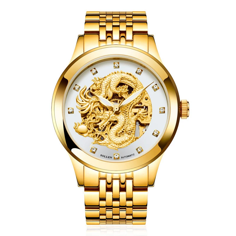 

SOLLEN SL602 watches men luxury brand skeleton automatic mechanical chinese dragon emperor king Infraorder Coelurosauria Huene
