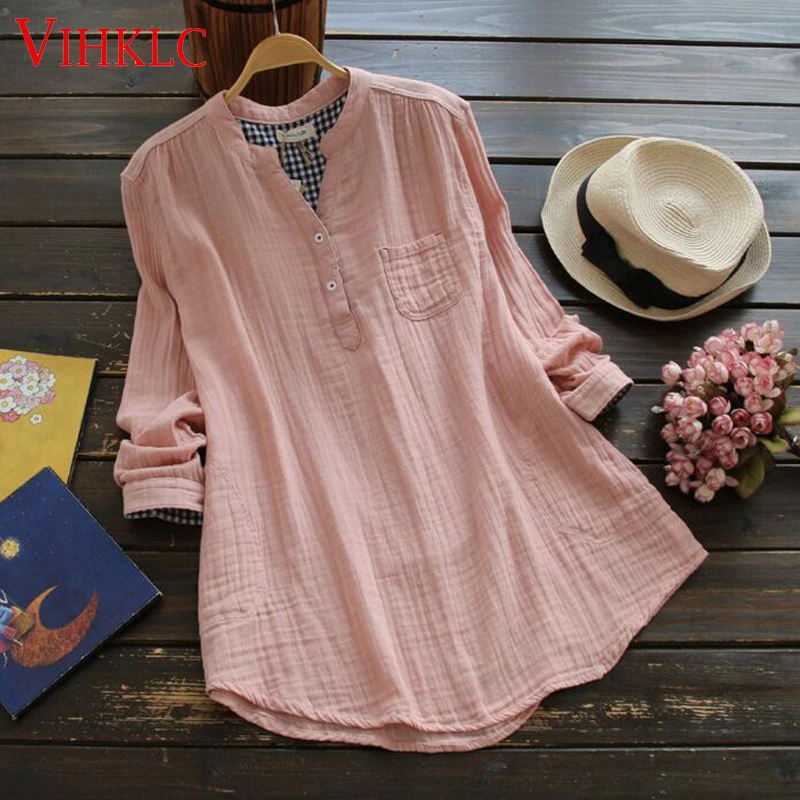 Cotton Women Blouse Shirt 2022 Spring Summer Linen Cotton Womans Long section Office Casual Tops White/Blue/Pink C516