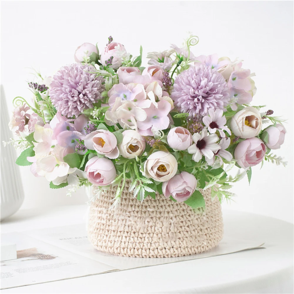 

3pcs Artificial Rose Flowers Bouquet Bridal Hand Holding Colorful Tea Pot Silk Fake Flowers For Home Table Garden Decoration