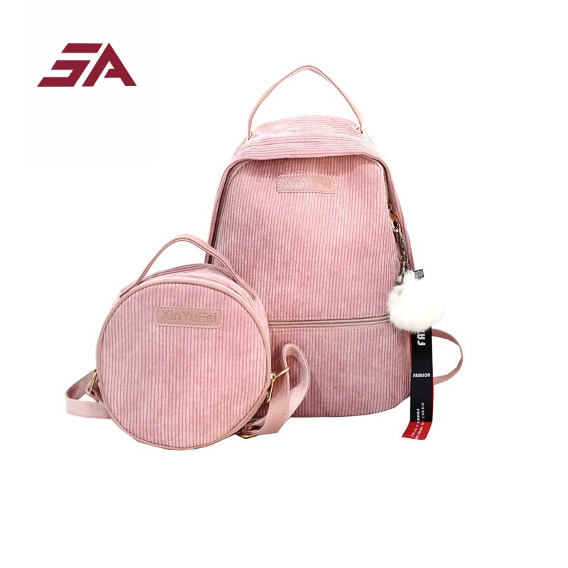 

SA 2pcs/set preppy Style Corduroy Backpack Women Backpack For Teenager Girls New Student Book Bag Striped Backpack Mochila