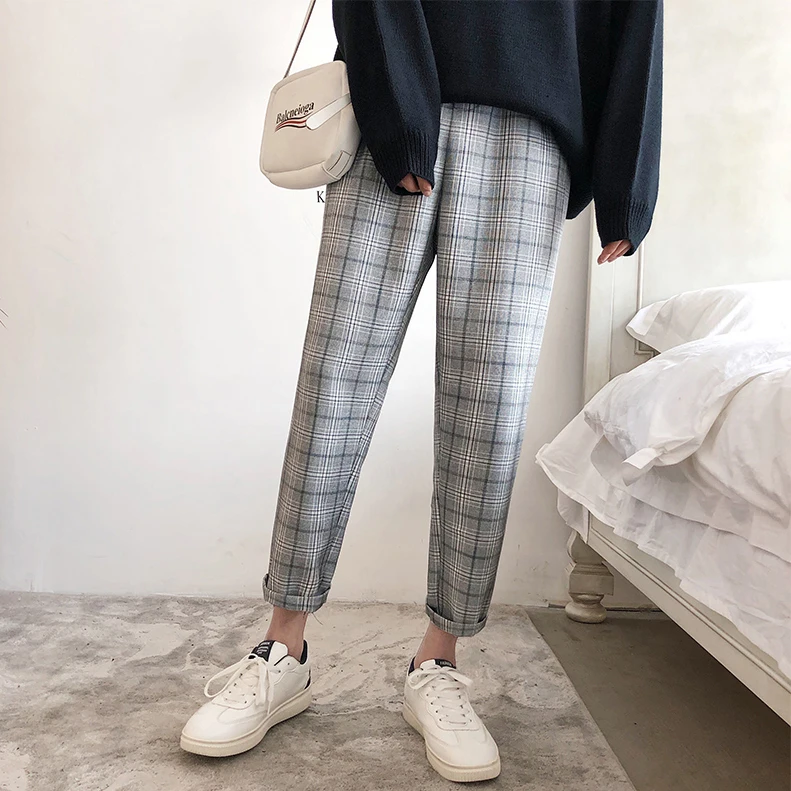 Fashion Casual Men's Cropped Trousers Spring And Autumn New M-2XL Plaid Loose Trousers Dark Gray Gray Personality Youth Popular