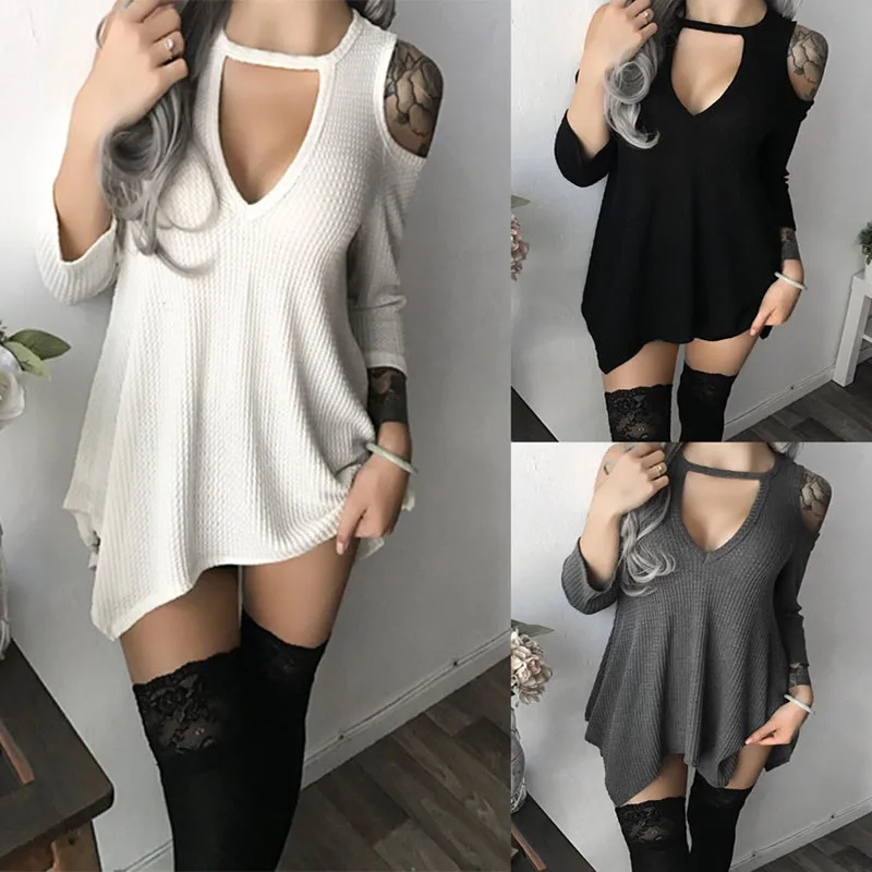 

Ladies Off the Shoulder Party Dresses Fashion Sexy Clubbing Mini Dresses Solid Color Women Loose Deep V-Necks Knitted Dress