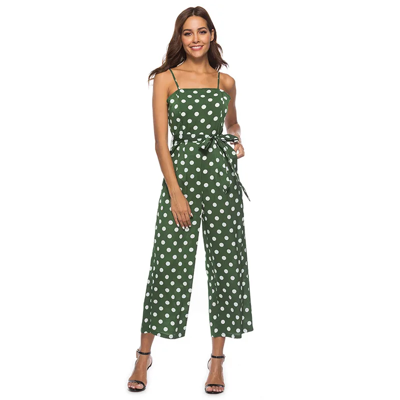 GOPLUS Spring Sashes Bow Polka Dot Vintage Jumpsuit Women Strap High Waist Sleeveless Jumpsuit Lady Wide Leg Jumpsuit Plus Size
