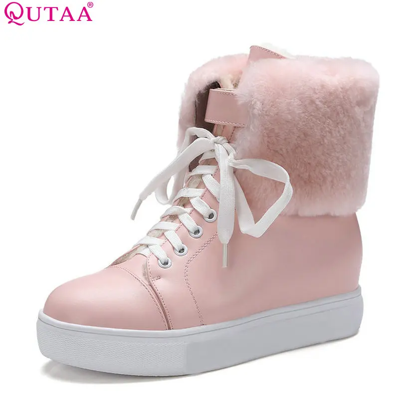 

QUTAA 2018 Women Boots Fashion Winter Keep Warmming Pu Leather Wedges Heel Round Toe Lace Up Ladies Snow Boots Size 34-39