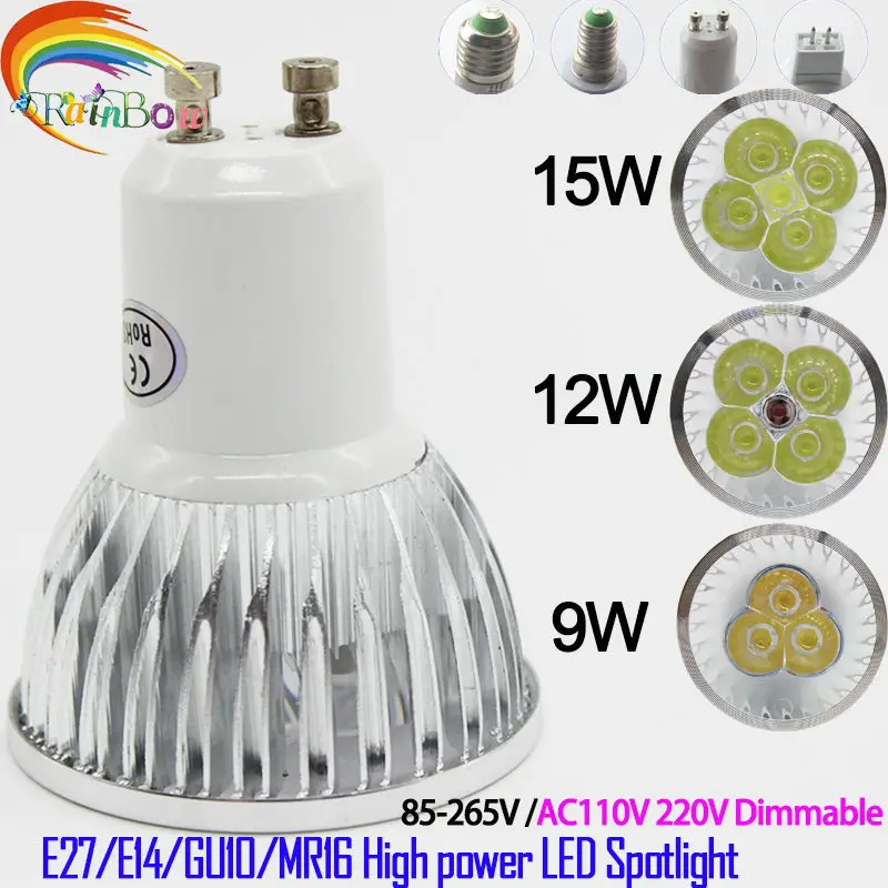 

High power CREE E14 GU10 9W 12W 15W 220V 230V 110V E27 GU5.3Dimmable MR16Led spot Light Spotlight LED lights downlight lighting