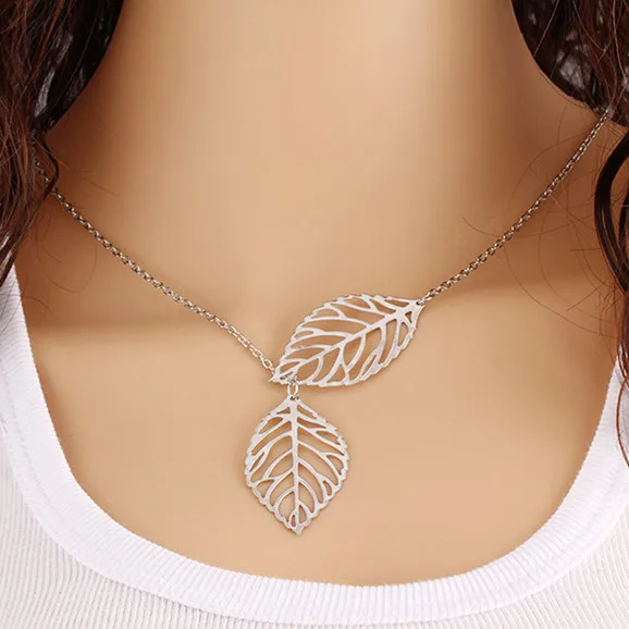 HOT 2015 Female Golden Silver Chain Leaf Lariat Necklaces Fashion Leaf
