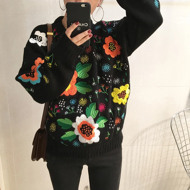 Women Black Embroidery Floral Knitted Sweater Female Loose O-neck Comfortable 2021 Spring Autumn Warm Woman's | Женская одежда