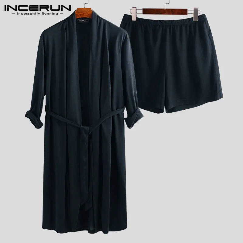 INCERUN мужские брюки набор традиционный простой сплошной цвет дышащий Ночная рубашка пижамы высокого качества повседневные свободные домашние пижамы 5XL - Цвет: Blue