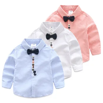 

2020 Spring Autumn 2 3 4 6 8 10 Years Children White Cotton Long Sleeve Turn-Down Collar Bow Handsome Shirts For Kids Baby Boys