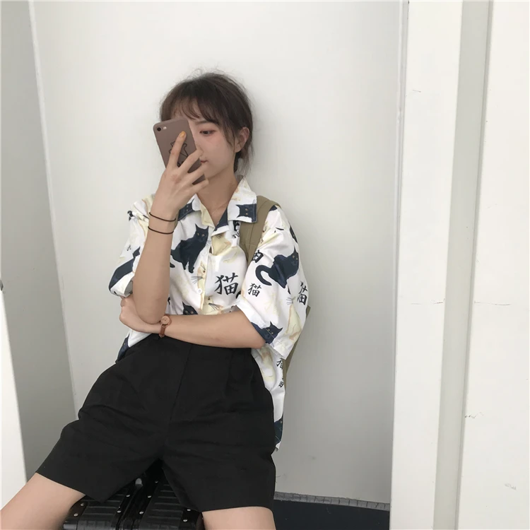 Повседневная Свободная рубашка с принтом кота женские рубашки Япония Kawaii Ulzzang