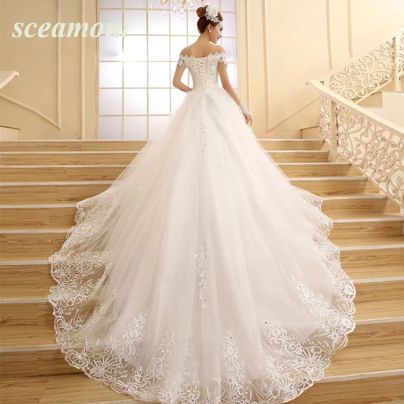 

Cathedral Tail 2019 Luxuries Ball Wedding Dresses Off shoulder Short Sleeve Lace Appliques Vestido De Noiva women Wedding Gown