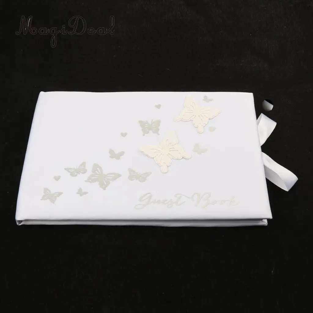 MagiDeal High Quality Wedding Guest Book Butterfly Bowknot White Satin Elegant Ceremony Party Gift for Engagement Party Supplies