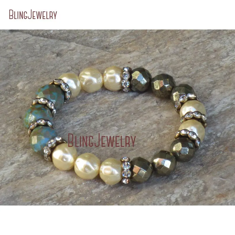 20190307-BM24072-on sale boho hippie czech turquoise and czech pearls with pyrite and crystals stretch bracelet_1