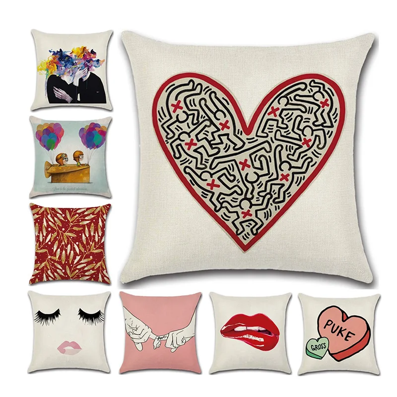 

Heart Printed Lovers Square Cushion Cover Pillowcase Linen Waist Throw Pillow for Sofa Seat Living Room Decor funda cojin