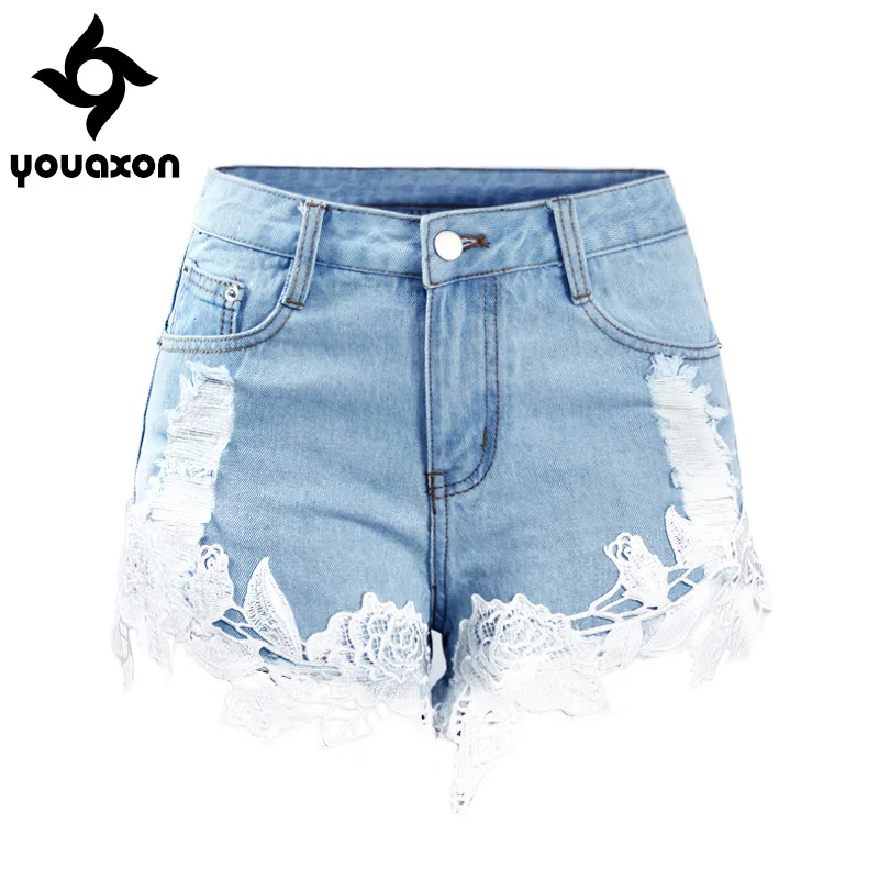 

1996 Youaxon Women`s Fashion Summer Hot Style High Waist Lace Floral Ripped Short Denim Shorts For Woman Free Shipping
