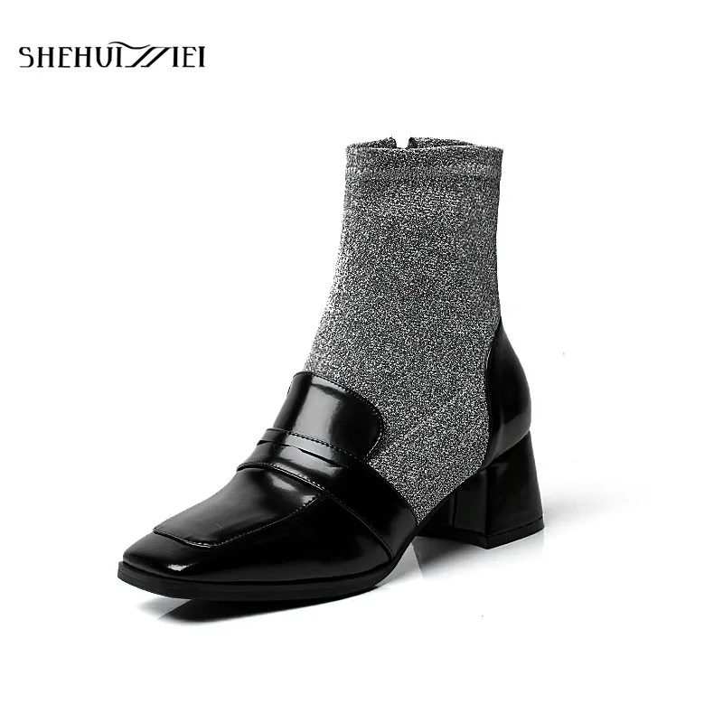 

SHEHUIMEI 2018 Arrival Patent Leather Zipper Square High Heels Runway Women Ankle Boots Elegant Office Lady Party Winter Shoes