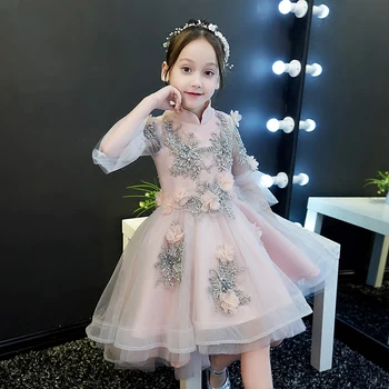 

Children Girls Elegant Appliques Beading Birthday Wedding evening Party Dress Baby Fashion Ball Gown Back Long Front Short Dress