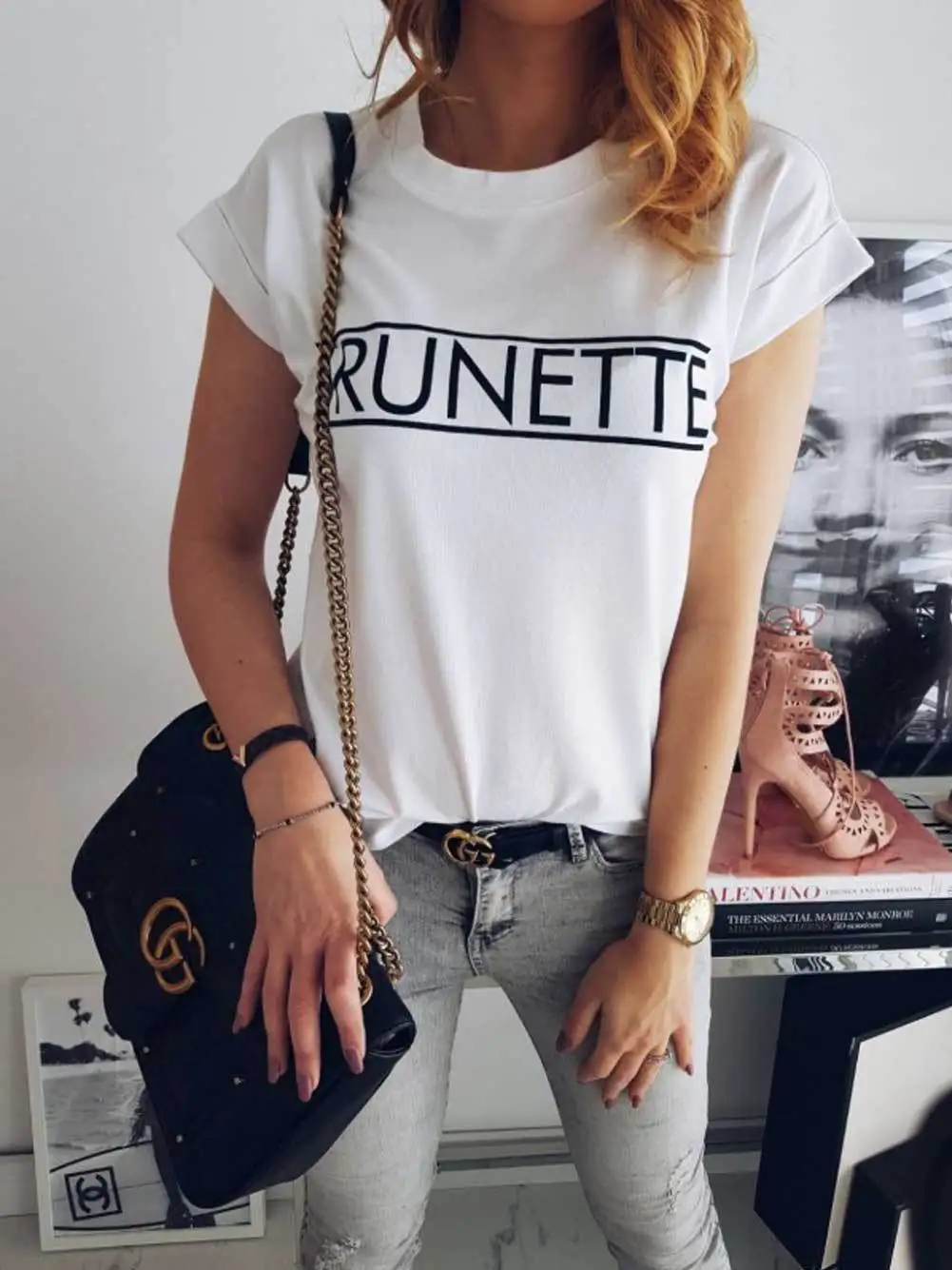 Blonde Letters Print Short Sleeve T Shirt Women Basic Tee Summer Causal Tops