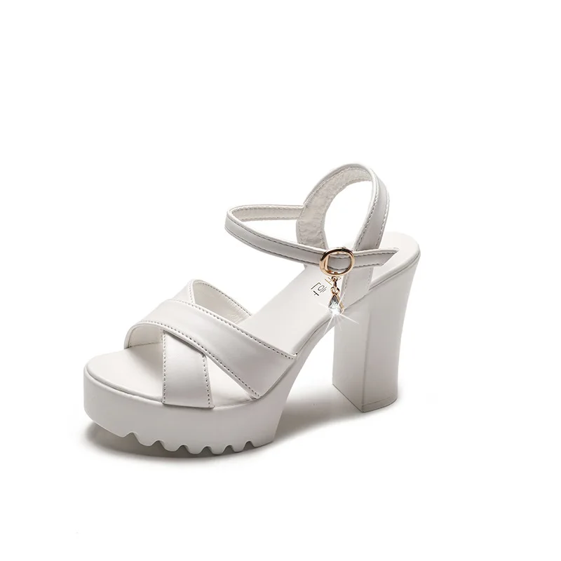 

Summer concise high heels platform women sandals gladiator fish mouth open toe block heels roman ladies party shoes black white
