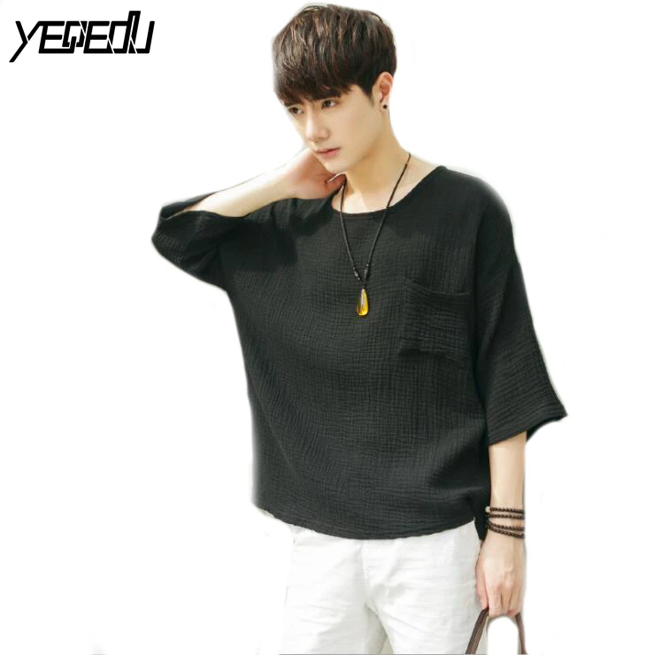 4203 Black/white linen cotton t shirt Solid color Loose t shirt men