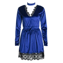 2017 Women s Velvet Choker Neck Bodycon font b Dress b font Long Sleeve Sexy V