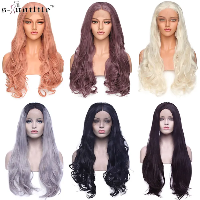 SNOILITE 28 дюймов длинные волнистые фиолетовые парики темно-серый волнистый синтетический парик для женщин натуральная средняя часть термостойкие парики для волос