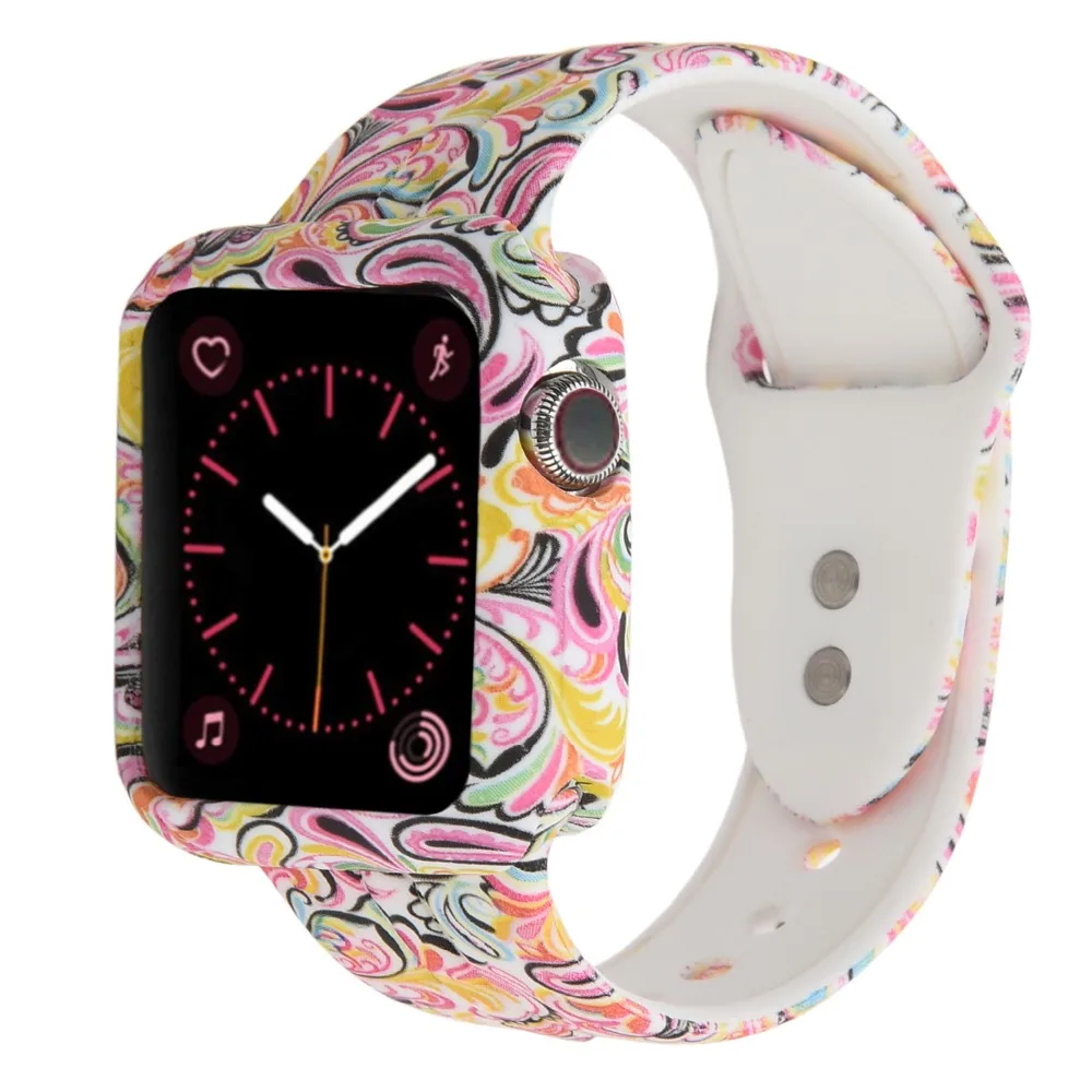 

Bemorcabo Printed Flower Soft Silicone Watch Band Strap with Protect Case for Apple Watch Series 4 44mm 40mm Bracelet for Watch