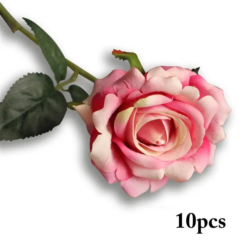 10 шт. букет розы Искусственные цветы букет роз из шелка цветы с листьями Свадебные украшения для дома Искусственный Пион розы цветок - Цвет: Розовый