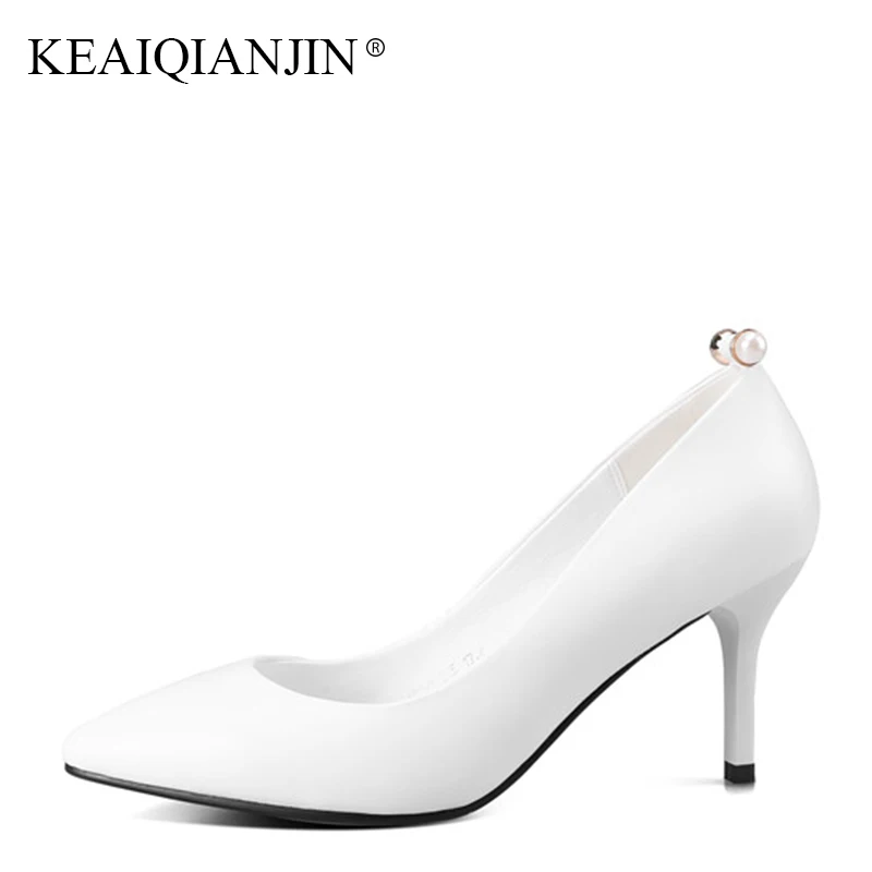 

KEAIQIANJIN Woman String Bead Black Pumps Fashion Red High Shoes Spring Autumn Plus Size 33 42 Genuine Leather Pointed Toe Pumps