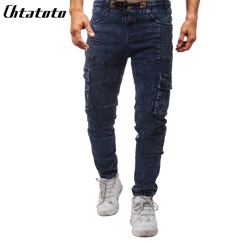 

Skinny Jeans Men Top Striped Beading Full Length Mid Pencil Pants Loose 2018 New Men's Elastic Side Pocket Tether Casual Jeans