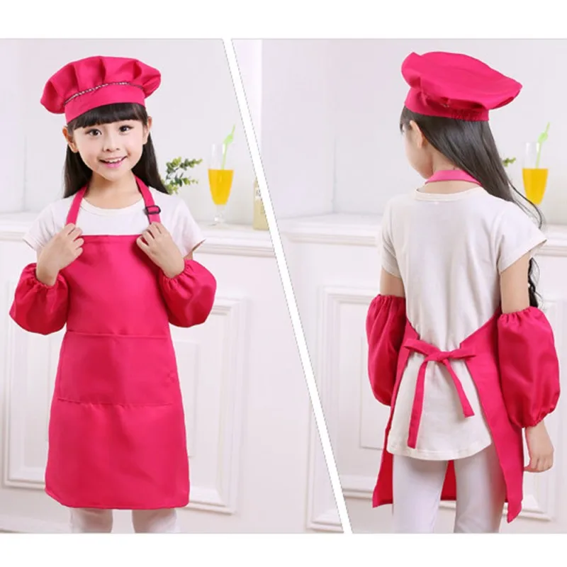 Детский фартук на рукавах с карманом для детского сада, для кухни, для выпечки, для приготовления пищи, художественный нагрудник, фартук - Цвет: Rose red