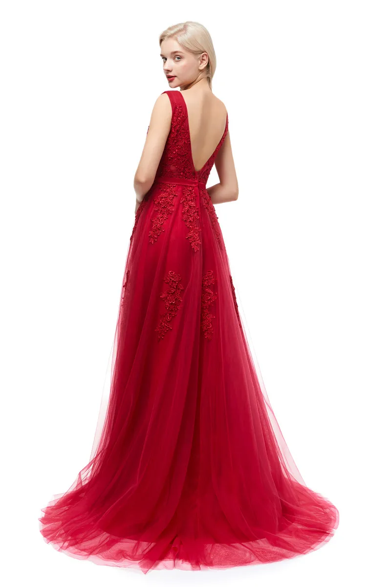 Elegant Wine Red Backless Lace Floor Length Prom Dress