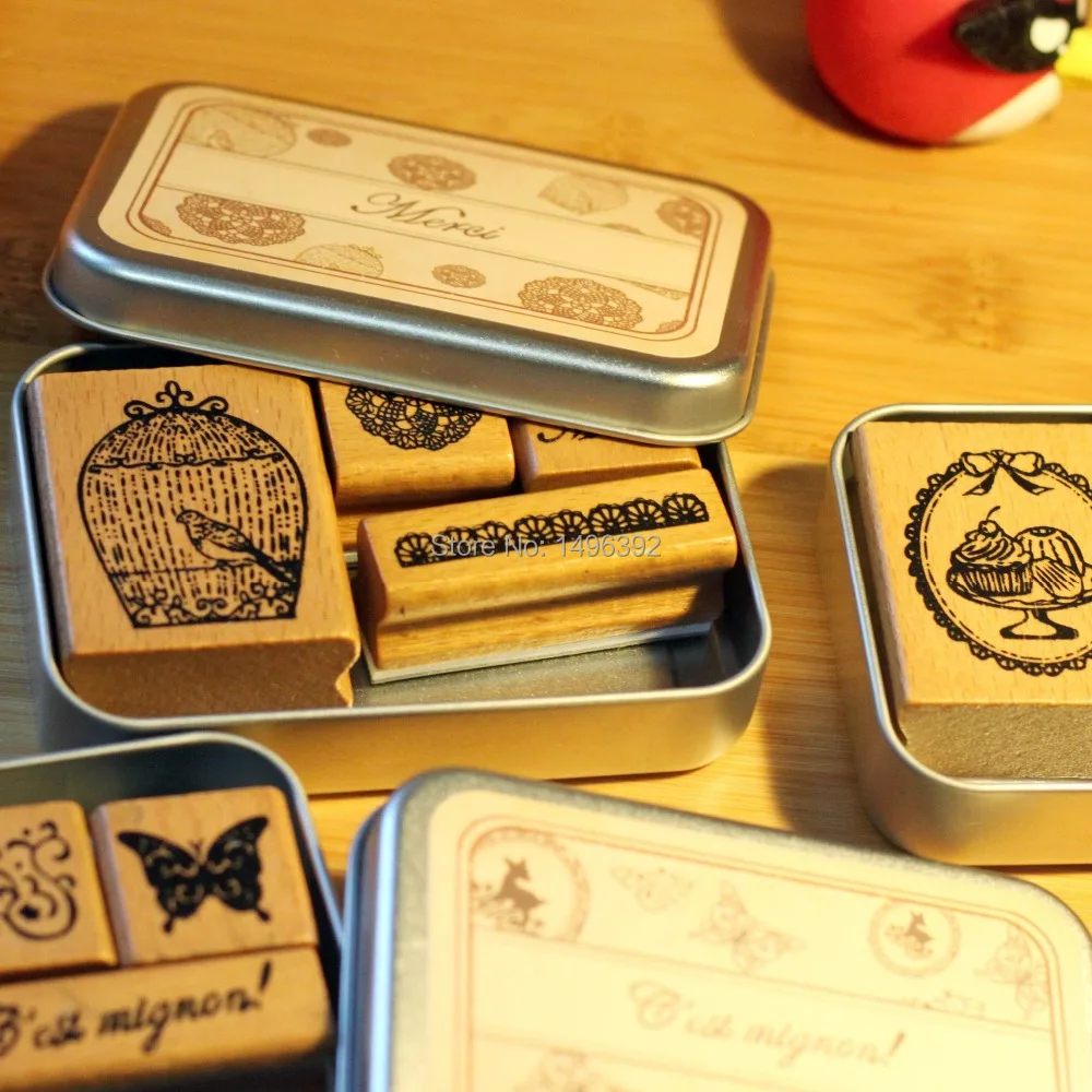 

DIY Scrapbooking Stamps Vintage Wooden Ink Pad Stamp Iron Box Sealing Stationary Stamp Set