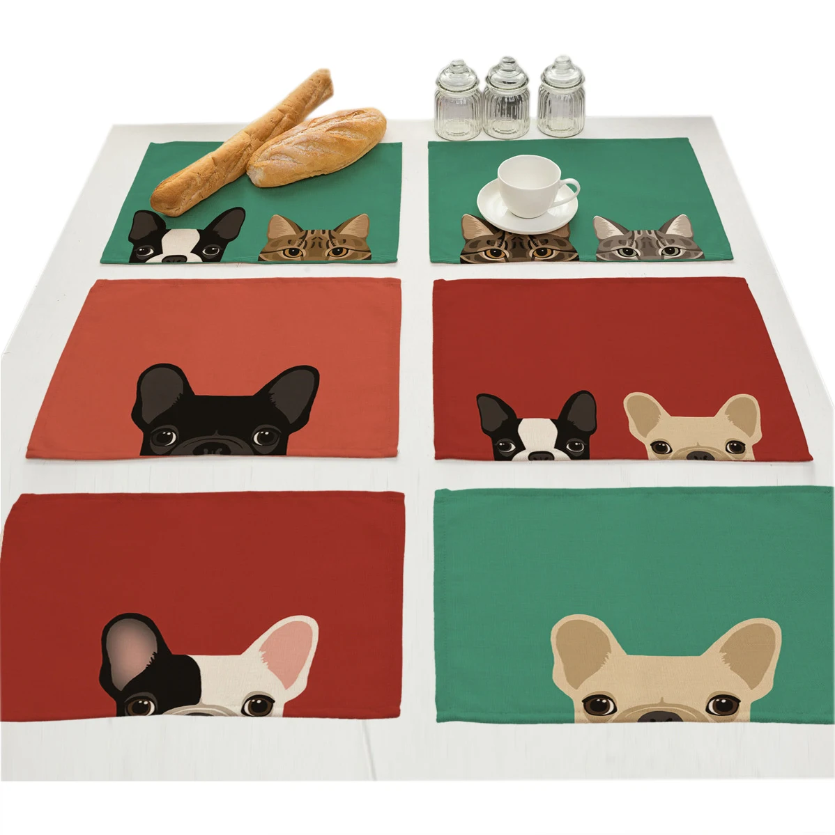 

Dog Cat Cartoon Animal Coaster Mats Design Waterproof Mat Placemat linen Cotton Dining Table Decoration Accessories Dish Pad Cup