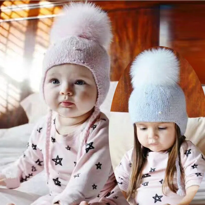 Детская зимняя шапка с помпоном, вязаная шапка для маленьких мальчиков и девочек, шапка для малышей, зимняя шапка с ушками, теплая детская шапочка