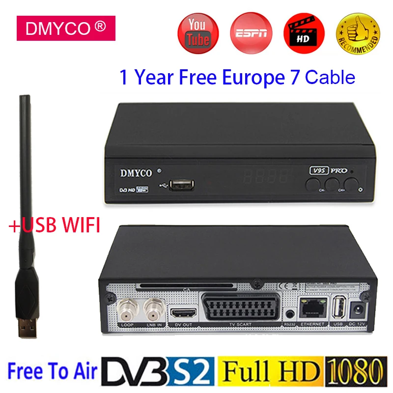 

Best Satellite Receiver HD 1080P FTA DVB-S2 LNB TV Receptor Support YouTube add 1 Year Free Spain Channels Decoder with USB WIFI